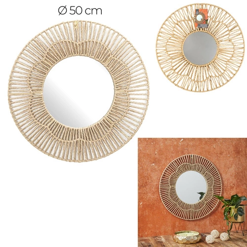 Kulaté závěsné zrcadlo boho Nairobia 50 cm v přírodní barvě do předsíně a obýváku
