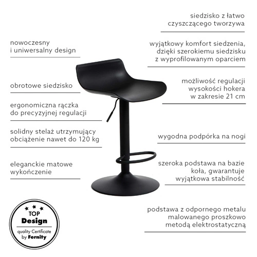 Barová židle s opěrkou Simplet Bar One černá matná, moderní otočná do kuchyně a k ostrůvku