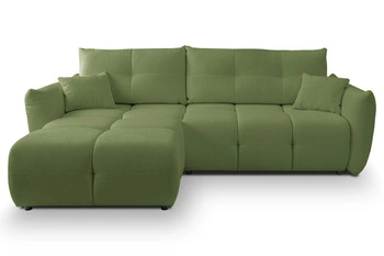 Moderní zelená rohová pohovka s rozkladem a úložným prostorem Bode levá do obýváku