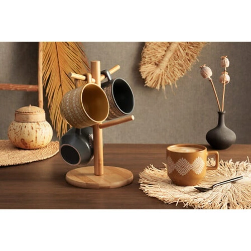 Sada 4 keramických hrnků Mosquito 230 ml na bambusovém stojanu rustikální na kávu