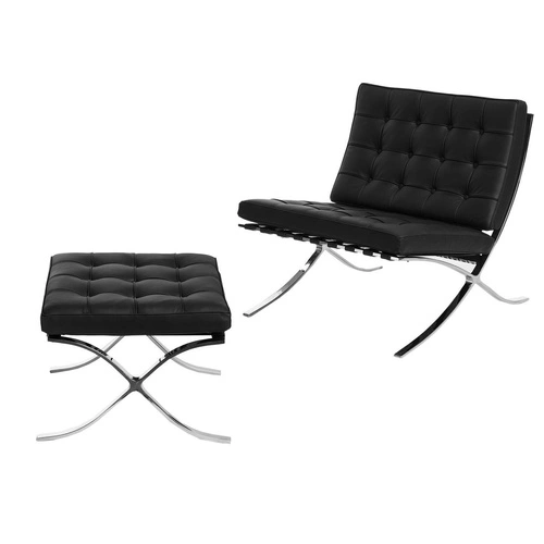 Relaxační křeslo BA1 z černé přírodní kůže s podnožkou inspirované Barcelona do obývacího pokoje