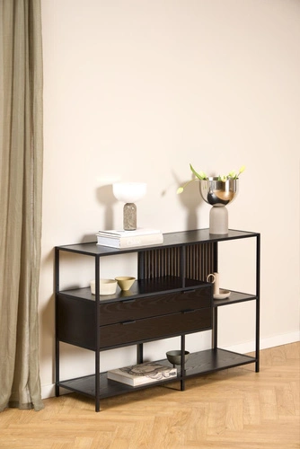 Industriální regál na knihy se zásuvkami Seaford V Actona černý jasan