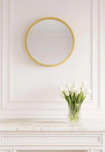 Závěsné kulaté zrcadlo Afiya 50 cm zlaté do předsíně v dřevěném rámu Intesi