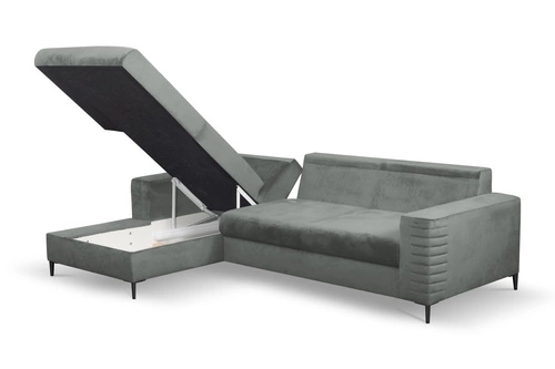 Moderní rohová rozkládací sedačka Hald levá šedá sametová do obýváku s úložným prostorem