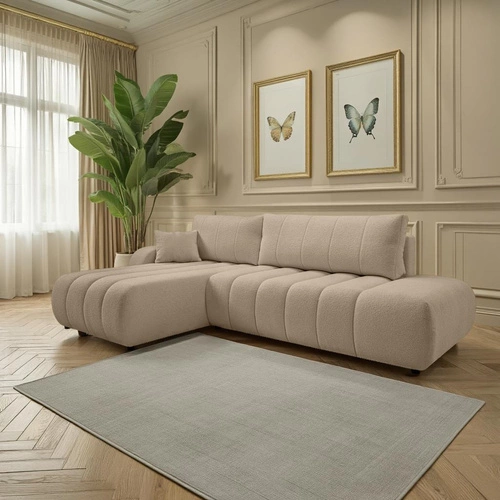 Moderní béžová rohová sedačka Hobro s rozkladem na spaní levá do obýváku s úložným prostorem