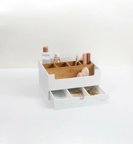 Bambusový organizér na kosmetiku Natureo s šuplíkem a přihrádkami bílý do koupelny 5five