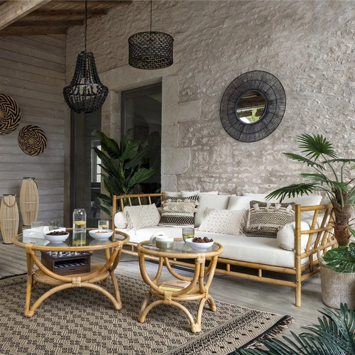 Kulatý konferenční stolek Farah 60 cm ratanový s policí boho skleněný do obýváku Atmosphera