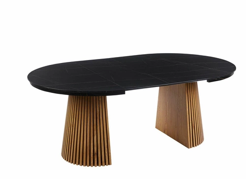 Rozkládací kulatý jídelní stůl Kyoto 120–200 cm černý mramor/dub moderní