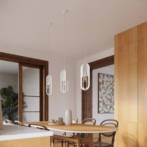 Moderní bílý závěsný lustr NICUS 1 do obýváku, jídelny nebo kuchyně kovový 140 cm