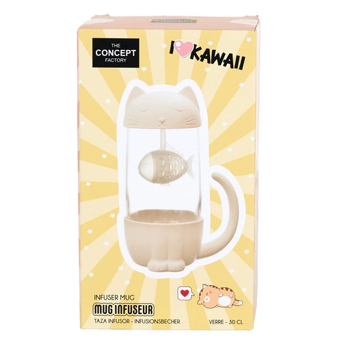 Skleněný hrnek Kawaii s filtrem kočička s rybičkou 300ml na čaj Intesi moderní