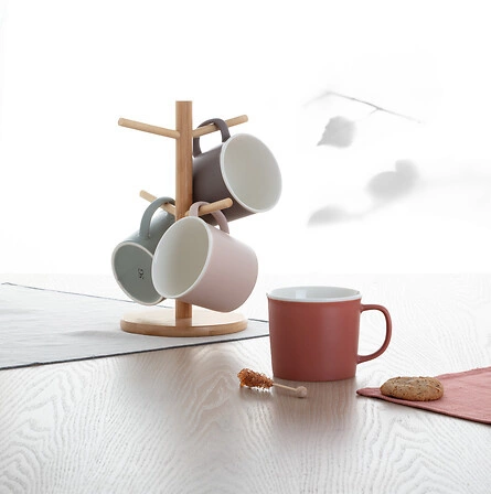 Sada 4 keramických hrnků Nature 380 ml s dřevěným stojanem na kávu a čaj