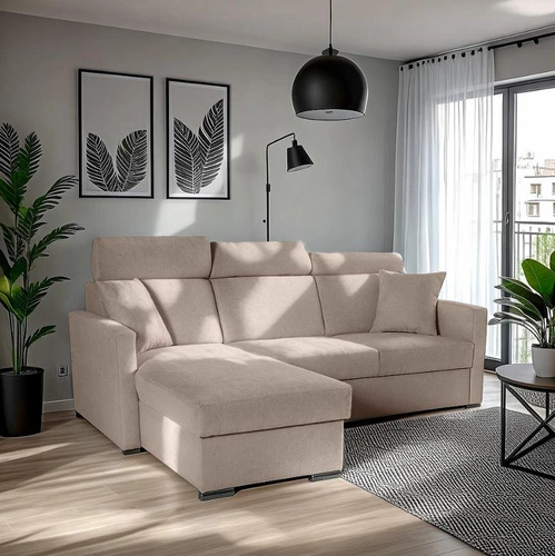 Rohová rozkládací pohovka Mils béžová do obýváku moderní s úložným prostorem na lůžkoviny