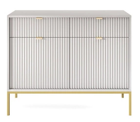 Šedá moderní komoda Delicious s drážkováním a zásuvkami na zlatých nohách 104 cm do obývacího pokoje