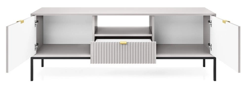 Šedá televizní skříňka Delicious s drážkovaným povrchem glamour, volně stojící, 154 cm, na vysokých nohách do obýváku