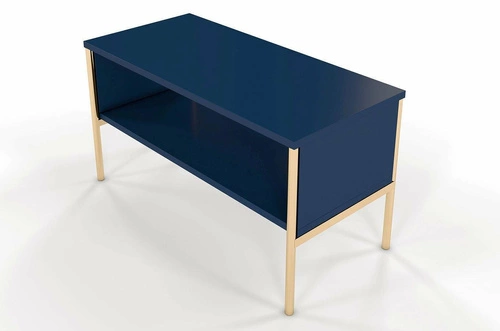 Dřevěný obdélníkový konferenční stolek modrý se zlatými nohami s policí do obývacího pokoje SKANDICA