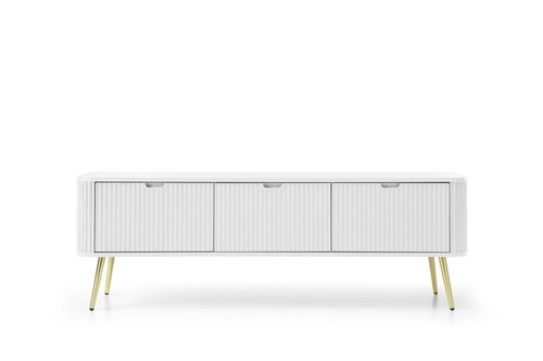 TV stolek Seda bílý s frézovaným čelem a zlatými nohami moderní do obýváku 168 cm
