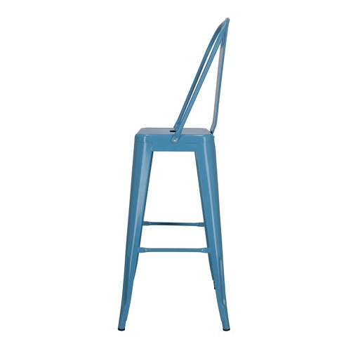 Barová židle Paris Back 75 cm modrá kovová s opěrkou do kuchyně a k ostrůvku loftová