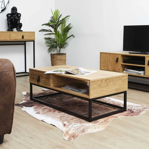 Konferenční stolek Abbott obdélníkový dubový s policí a zásuvkou skandinávský do obýváku Intesi