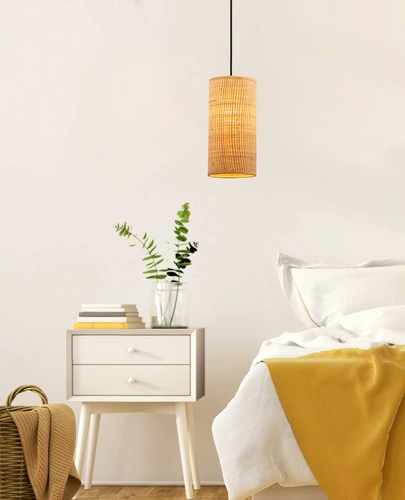 Závěsné svítidlo Fleri béžový ratan válec do obýváku a jídelny moderní jednolampové