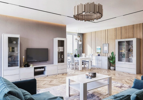 Vysoká bílá komoda Merle s zásuvkami moderní do obývacího pokoje 160 cm lesk