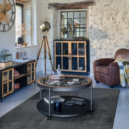 Konferenční stolek Chrono vintage kulatý skleněný s policí černý loftový do obýváku 95 cm Atmosphera