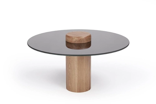 Kulatý konferenční stolek se skleněnou zrcadlovou deskou 63 cm dubový moderní do obýváku NORDIFRA