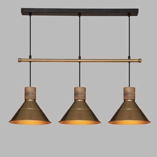 Závěsné svítidlo Bota zlaté 3bodové nad stůl nebo do kuchyně, kov a mangové dřevo Atmosphera