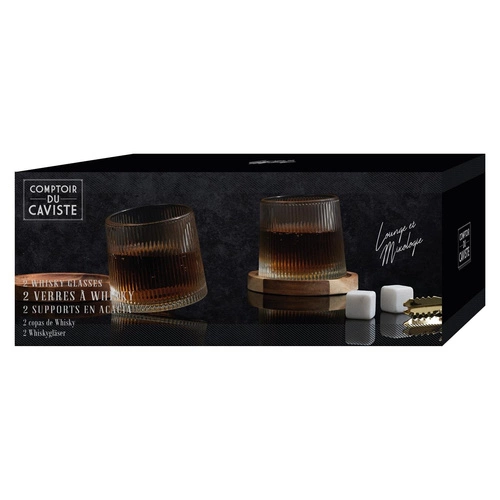 Sada 2 whisky sklenic Intesi s podložkami z akáciového dřeva 7,3 cm