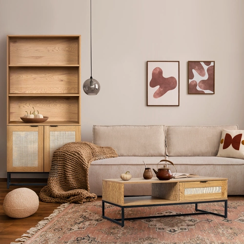 Ratanová knihovna Capri boho se skříňkami a policemi do obýváku a ložnice