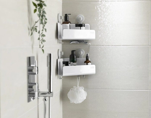 Joseph Joseph EasyStore moderní rohová koupelnová polička s přísavkami a háčky do sprchy
