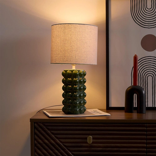 Keramická stolní lampa Ramil zelená s béžovým stínidlem do ložnice 40 cm