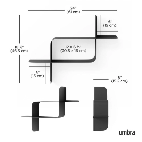 Sada 2 moderních černých nástěnných polic Montage Umbra na knihy a dekorace