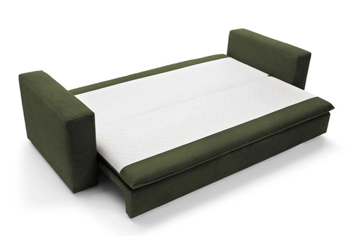 Rozkládací pohovka s úložným prostorem Ulnes 3místná manšestrová olivová do obýváku na spaní