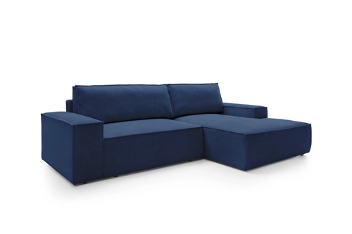 Rohová rozkládací pohovka Molde M pravá, manšestrová, tmavě modrá s úložným prostorem do obýváku