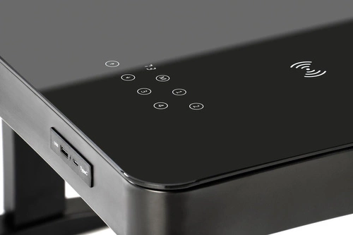 Moderní výškově nastavitelné skleněné psací stůl Alembe Intesi černý s USB portem