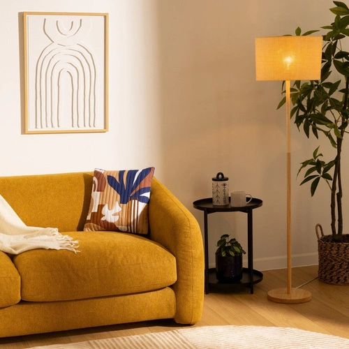 Stojací lampa do obýváku boho Della 149 cm béžová dřevěná borovice s látkovým stínidlem Atmosphera