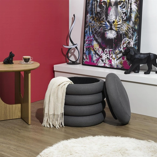 Šedý kulatý taburet se skrytým úložným prostorem moderní do obýváku a ložnice 42 cm