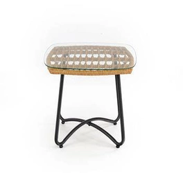 Konferenční stolek Surabaya čtvercový boho ratanový se skleněnou deskou černý do obýváku 51x51 cm