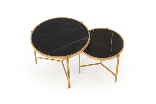 Sada 2 kulatých konferenčních stolků Kalund černý mramor zlatý glamour do obýváku Intesi