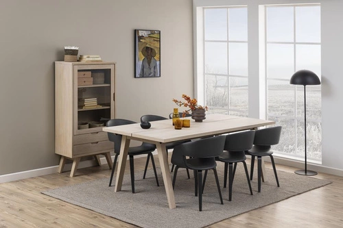 Komoda A-Line bělený dub moderní se zásuvkami a vitrínou na vysokých nohách do obýváku 72 cm Actona