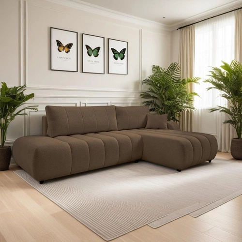 Rohová rozkládací sedačka Hobro hnědá pravá do obýváku moderní s úložným prostorem