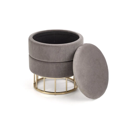 Šedý sametový taburet s úložným prostorem kulatý glamour do obýváku a předsíně Intesi