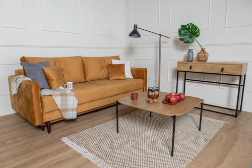 Rozkládací pohovka se spací funkcí Saxo dvoumístná do obýváku moderní žlutá s úložným prostorem