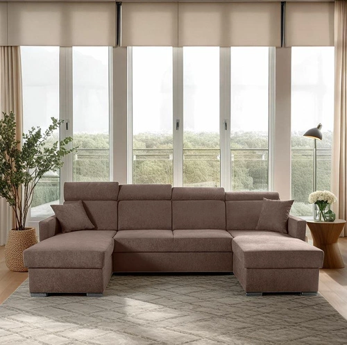 Moderní hnědá rohová sedačka Mils U s rozkladem a úložným prostorem do obýváku
