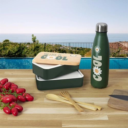 Dvoupodlažní zelený lunchbox Intesi s dřevěným víkem a lahví do práce nebo školy
