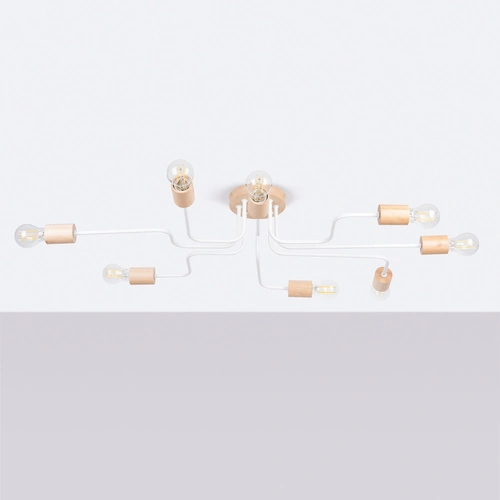 Loftový lustr TIMBO 8 bílý s dřevem do obýváku a jídelny šířka 100 cm