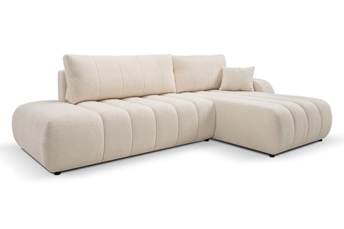 Moderní rohová rozkládací sedačka Hobro pravá béžová do obýváku s úložným prostorem