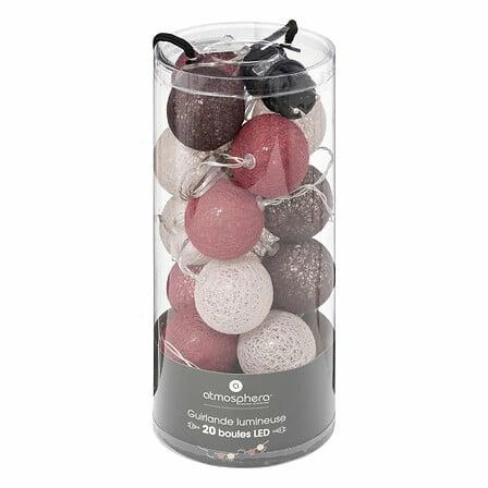 LED světelný řetěz Atmosphera cotton balls růžovo-béžový 20 koulí 4,35 m na elektřinu do ložnice