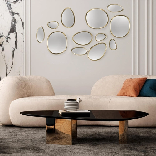 Sada 5 oválných dekorativních zrcadel Organic Shape ve zlatém rámu do obýváku Intesi