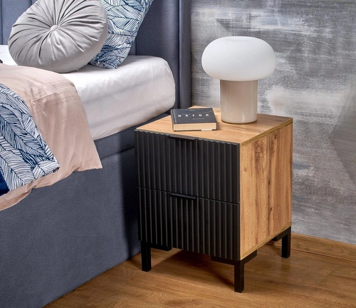 Noční stolek Intesi Meunier 40 cm, loftový, dub craft/černý, se zásuvkami